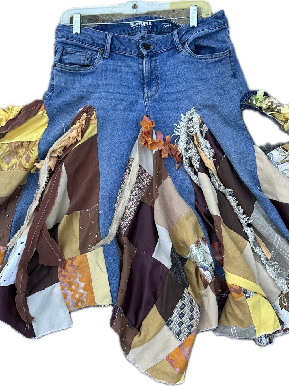 Refashioned Blue Denim Patchwork Skater Skirt with Brown, Yellow & Cream Panels